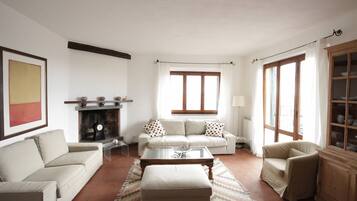 Tv, eldstad, dvd-spelare och en stereo