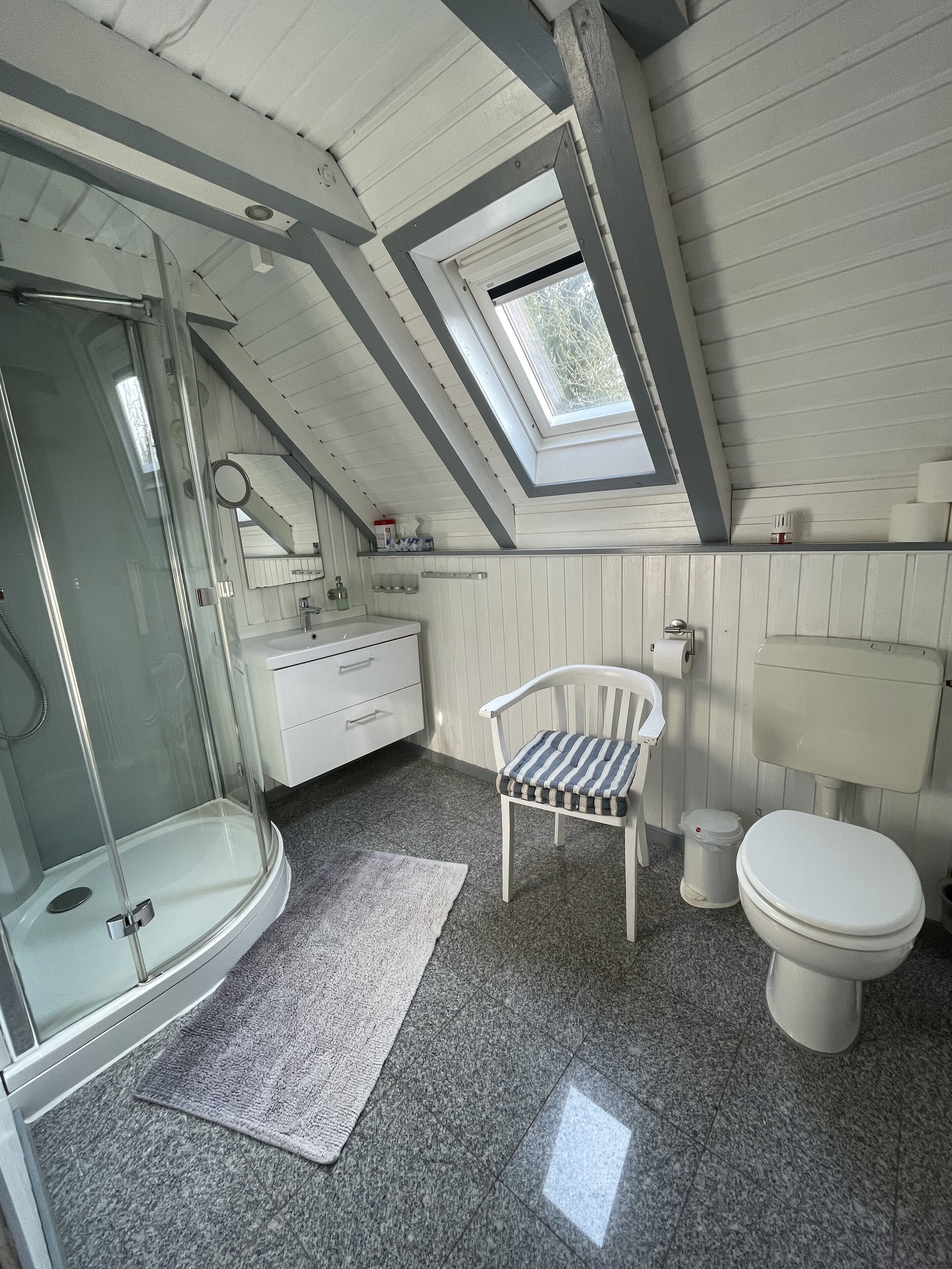 Une salle de bain avec une douche, des toilettes et une chaise.
