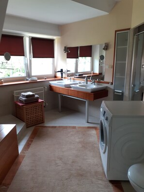 Hair dryer, towels, soap, shampoo