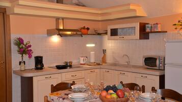 Fridge, microwave, stovetop, coffee/tea maker