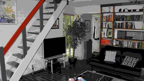 Ein Wohnzimmer mit Treppe, Bücherregal und Couchtisch mit Tablett.
