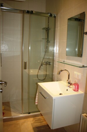 Shower, hair dryer, towels, soap
