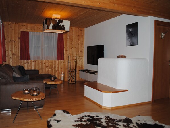 Télévision, cheminée, lecteur de DVD, jouets