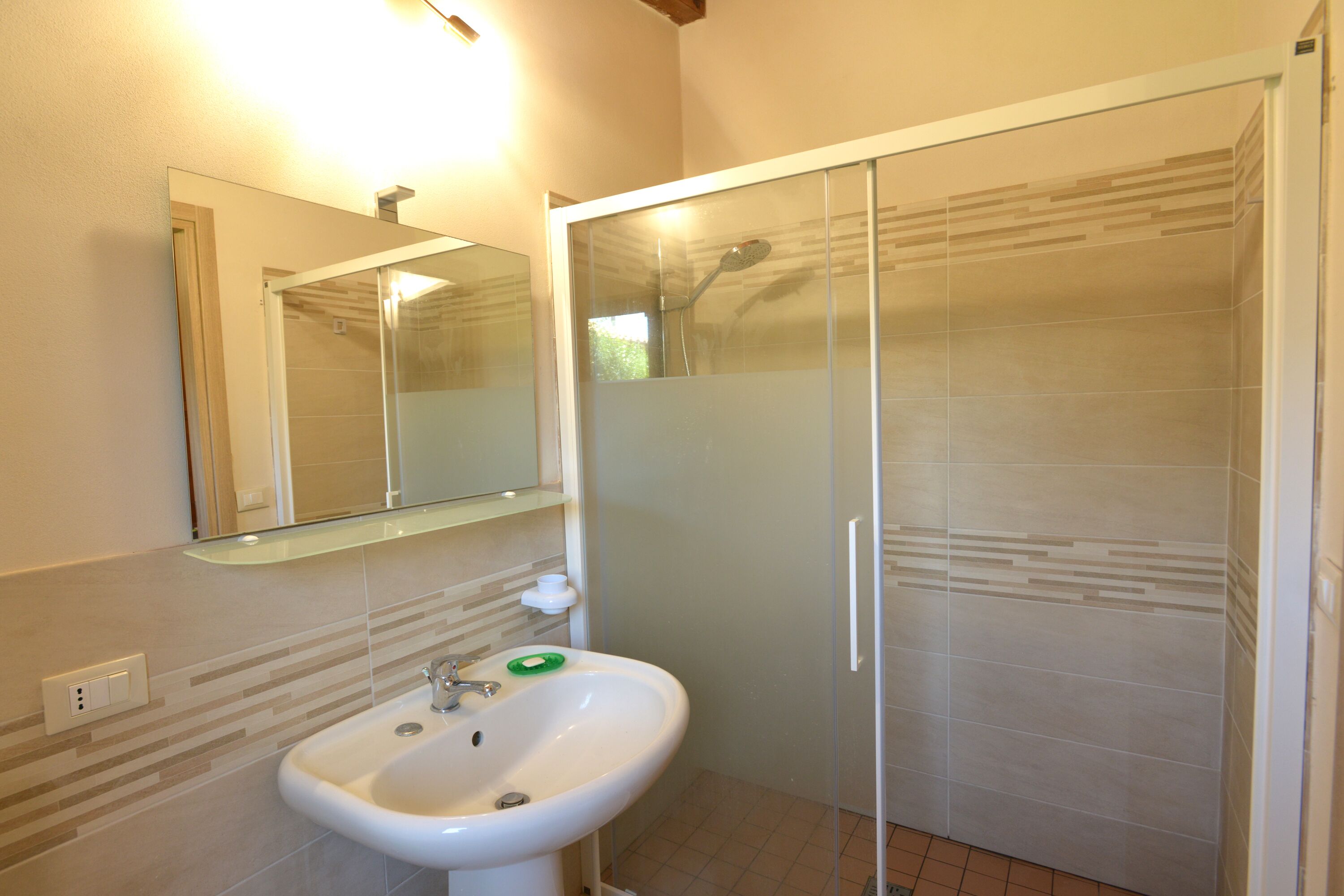 Une salle de bain avec une douche à parois de verre, un lavabo avec un porte-savon vert et un miroir au-dessus du lavabo.