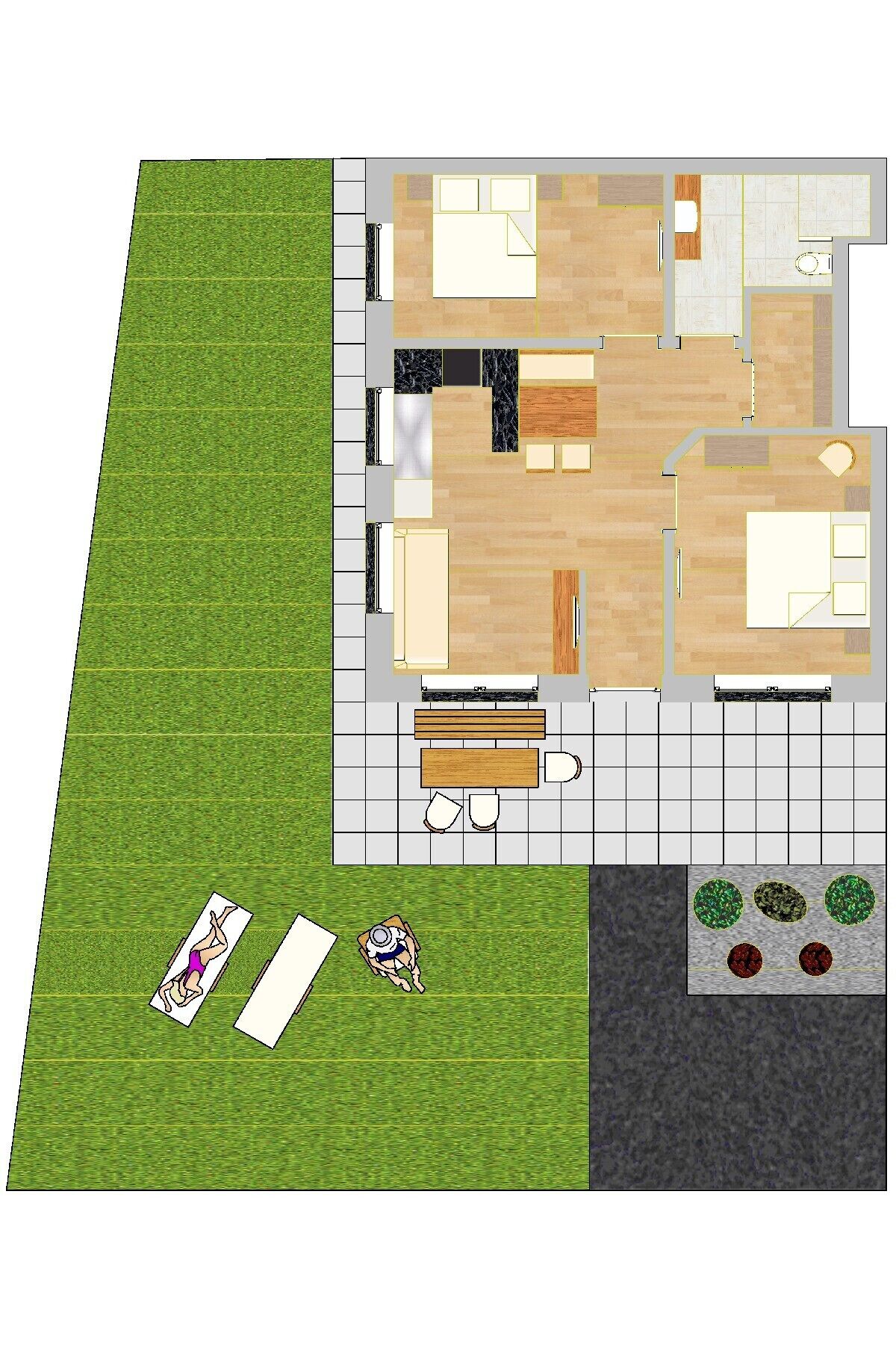 En planritning över ett hotell med ett centralt sällskapsutrymme, en matplats och en liten utomhusplats med sittmöbler.