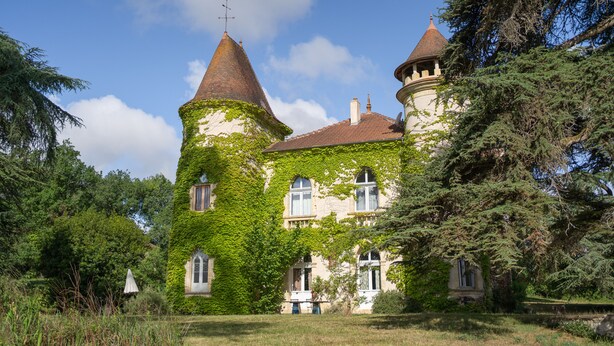 Un edificio histórico con torres cubiertas de hiedra y ventanas arqueadas, rodeado de abundante vegetación.