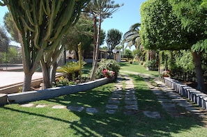 Stroll through the beautifully maintained garden, lined with a variety of plants and trees, to the entrance of this charming residence.