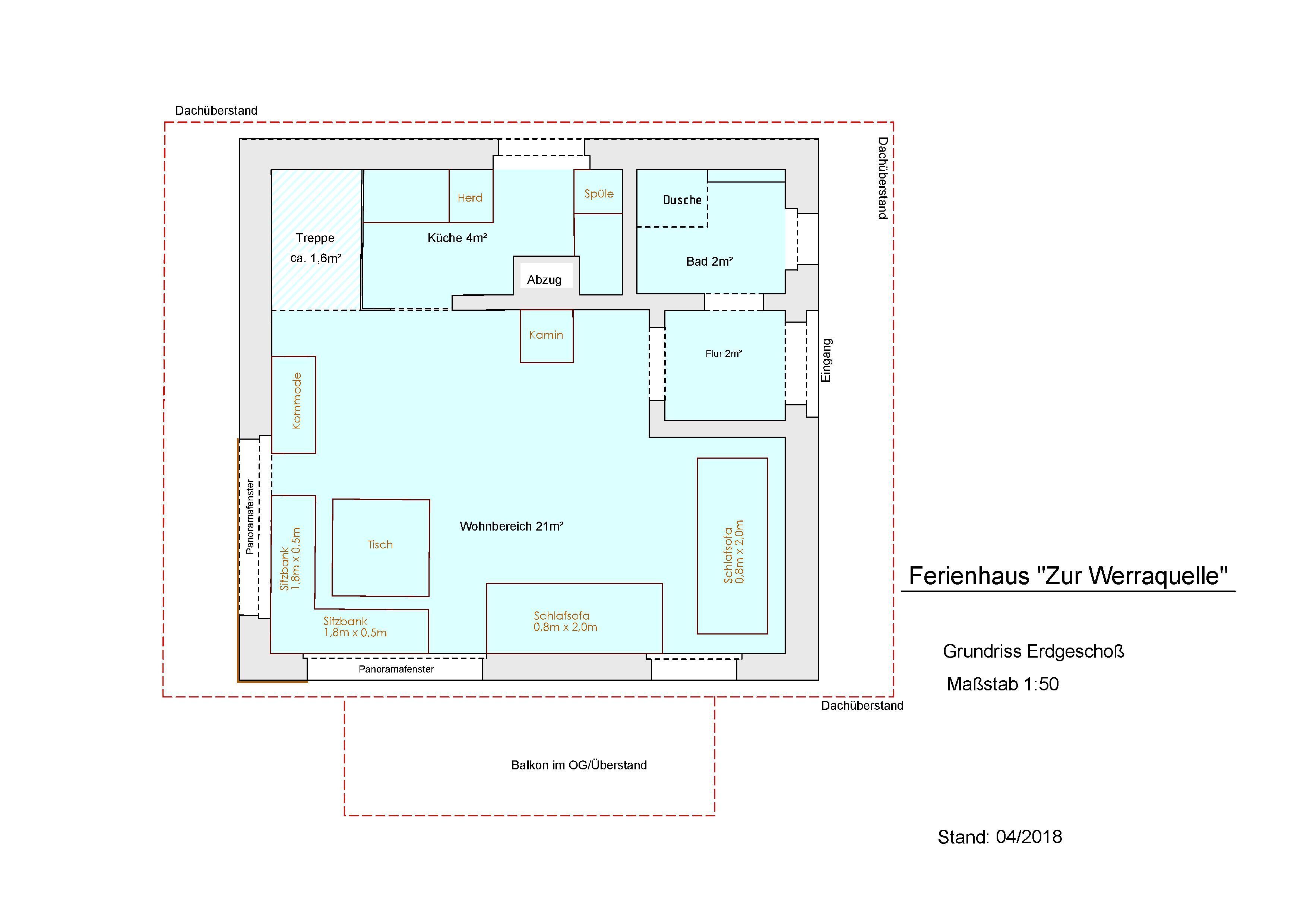 Plan d’étage d’un hôtel nommé « Ferienhaus Zur Werraquelle », d’une superficie totale de 21 mètres carrés.