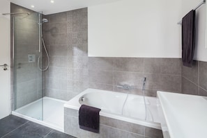 Combined shower/tub, hair dryer, towels, toilet paper