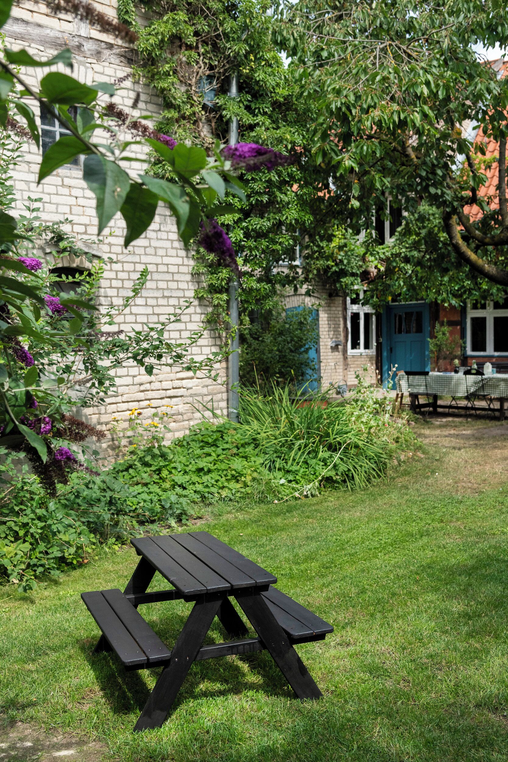 Ein Picknicktisch in einer grünen Wiese, im Hintergrund ein Backsteinhaus mit einer blauen Tür.