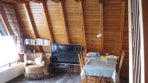 Een gezellige kamer met een houten plafond, een televisie, een bank, een eettafel en een boekenplank.