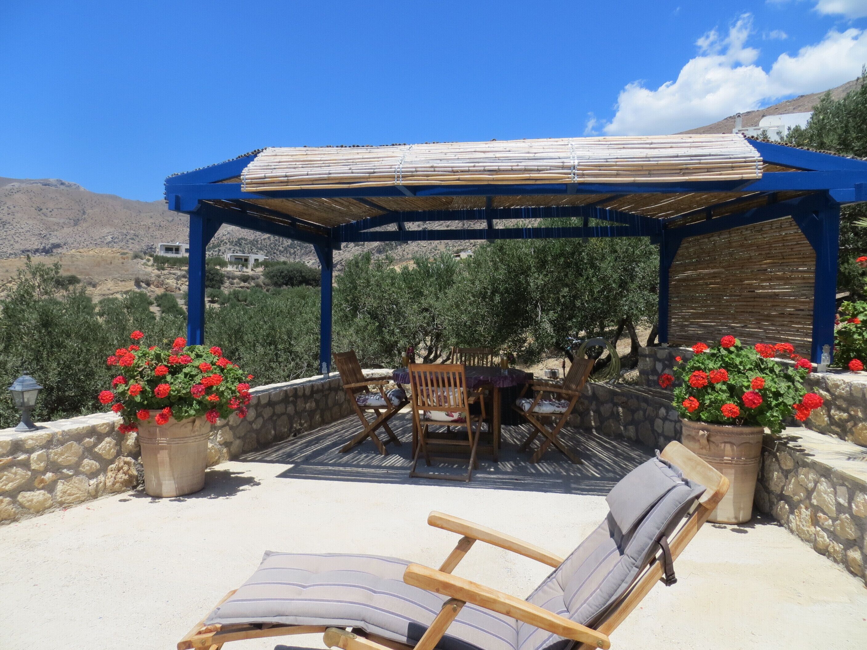 Un espace extérieur aménagé, abrité et doté de chaises en bois et d’une table, entouré de plantes en pot aux fleurs rouges et d’oliviers.