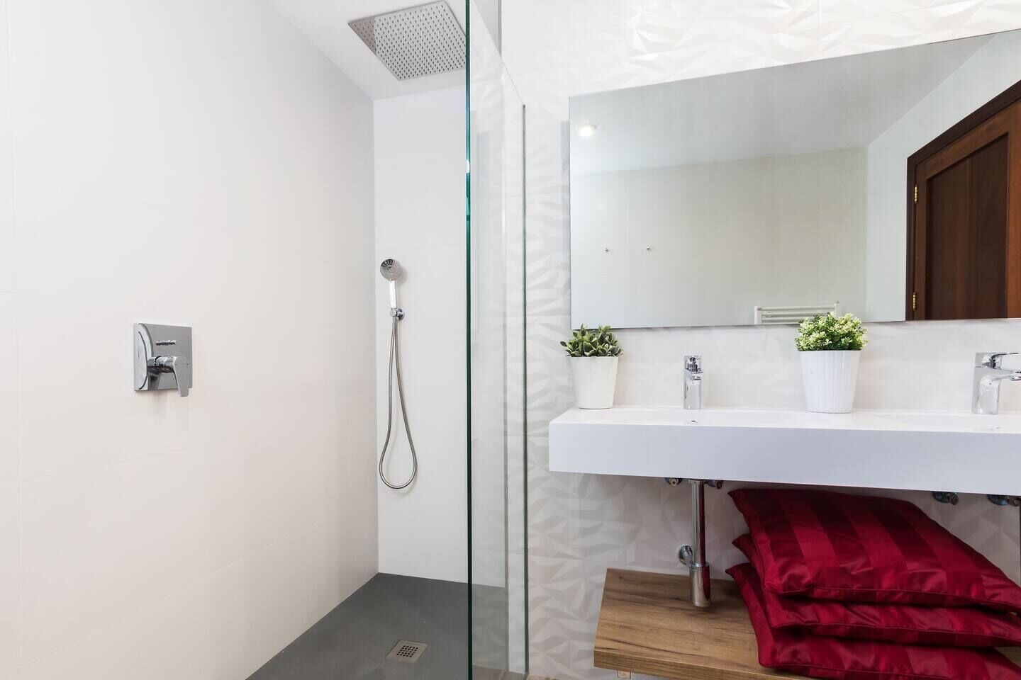 Une salle de bain moderne avec une douche en verre, un lavabo blanc agrémenté de deux plantes en pot et une serviette rouge.