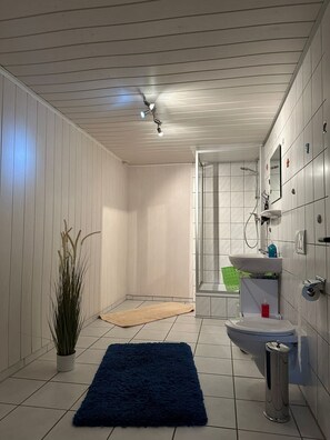 Bathtub, hair dryer, towels, soap