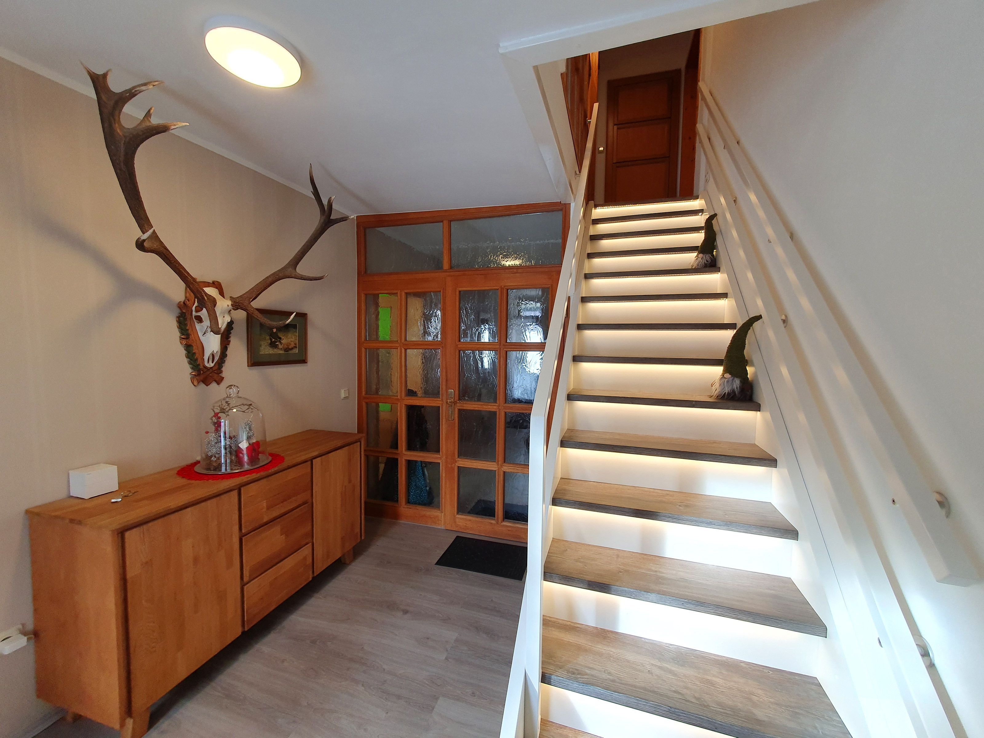A staircase with wooden steps and a handrail, a wooden cabinet with drawers, a glass door with frosted glass panels, and a wall-mounted deer antler.