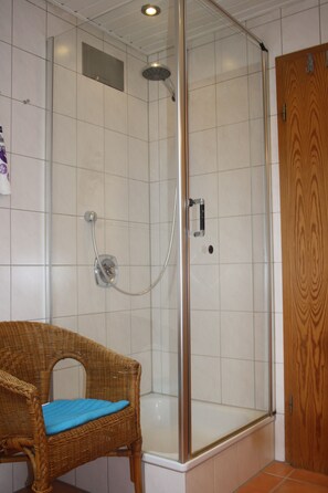 Douche, séchoir à cheveux, savon, papier de toilette