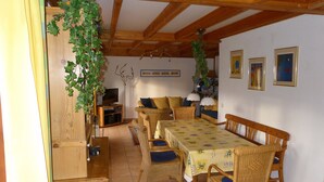 Un coin repas avec une table et des chaises en bois, un téléviseur et une plante suspendue.