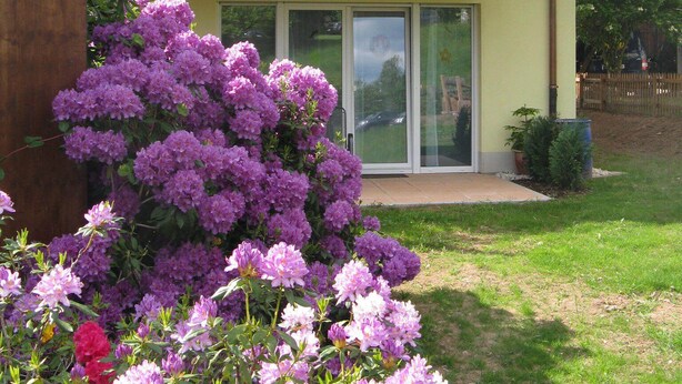 Een huis met twee verdiepingen, een balkon, een tuin met paarse bloemen en een bruin met tegels bedekt dak.