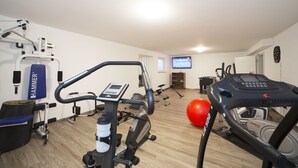Een huisgym met fitnessapparatuur, waaronder een loopband, een hometrainer en gewichtmachines.