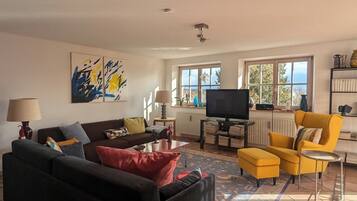 TV, fireplace, books, stereo