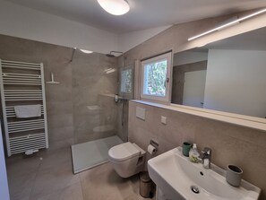 Dusche, Haartrockner, Handtücher, Seife