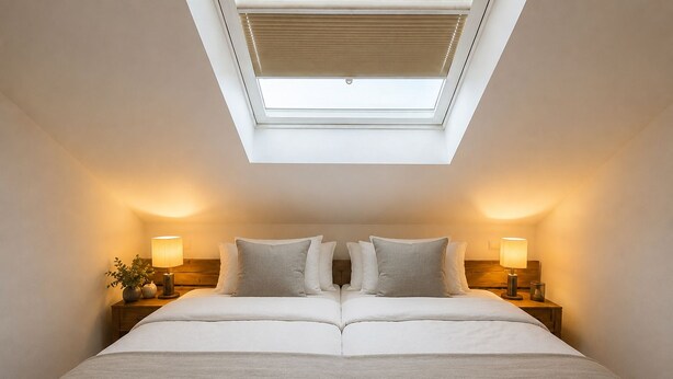 A double bed with a skylight above, bedside tables with lamps, and a plant on the left side. - Cozy, sunny & newly renovated apartment with a view of the Zugspitze - 4 stars (Garmisch - Partenkirchen)