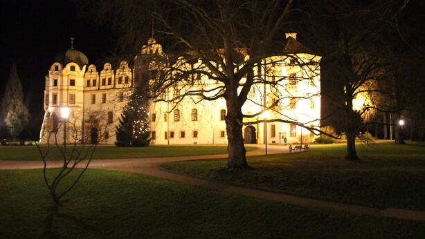A large, illuminated building with a dome and arched windows, surrounded by a grassy area and trees. - EXCLUSIVE APARTMENT CENTER NOW (Celle)
