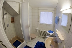 Duschwanne, Haartrockner, Handtücher, Seife