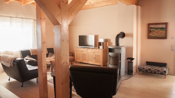 Ein gemütliches Wohnzimmer mit einer Couch, einem Sessel, einem Fernseher und einem Kamin.