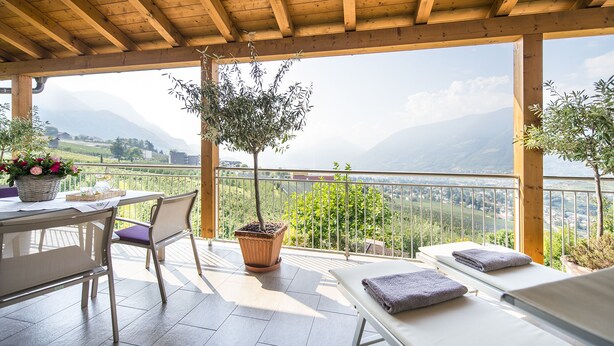 A balcony with a wooden ceiling, a table with chairs, a potted plant, and a view of mountains and a lake.