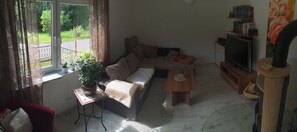 Smart TV, fireplace, DVD player, books