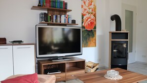 Un salon moderne doté d’un téléviseur à écran plat, d’étagères en bois remplies de livres, d’une cheminée et d’un coussin rouge qui apporte une touche de couleur.