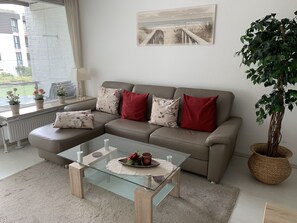 TV, DVD player, books, video library - Apartment with a lake view directly opposite the green beach, WiFi, pets allowed (Lübeck)