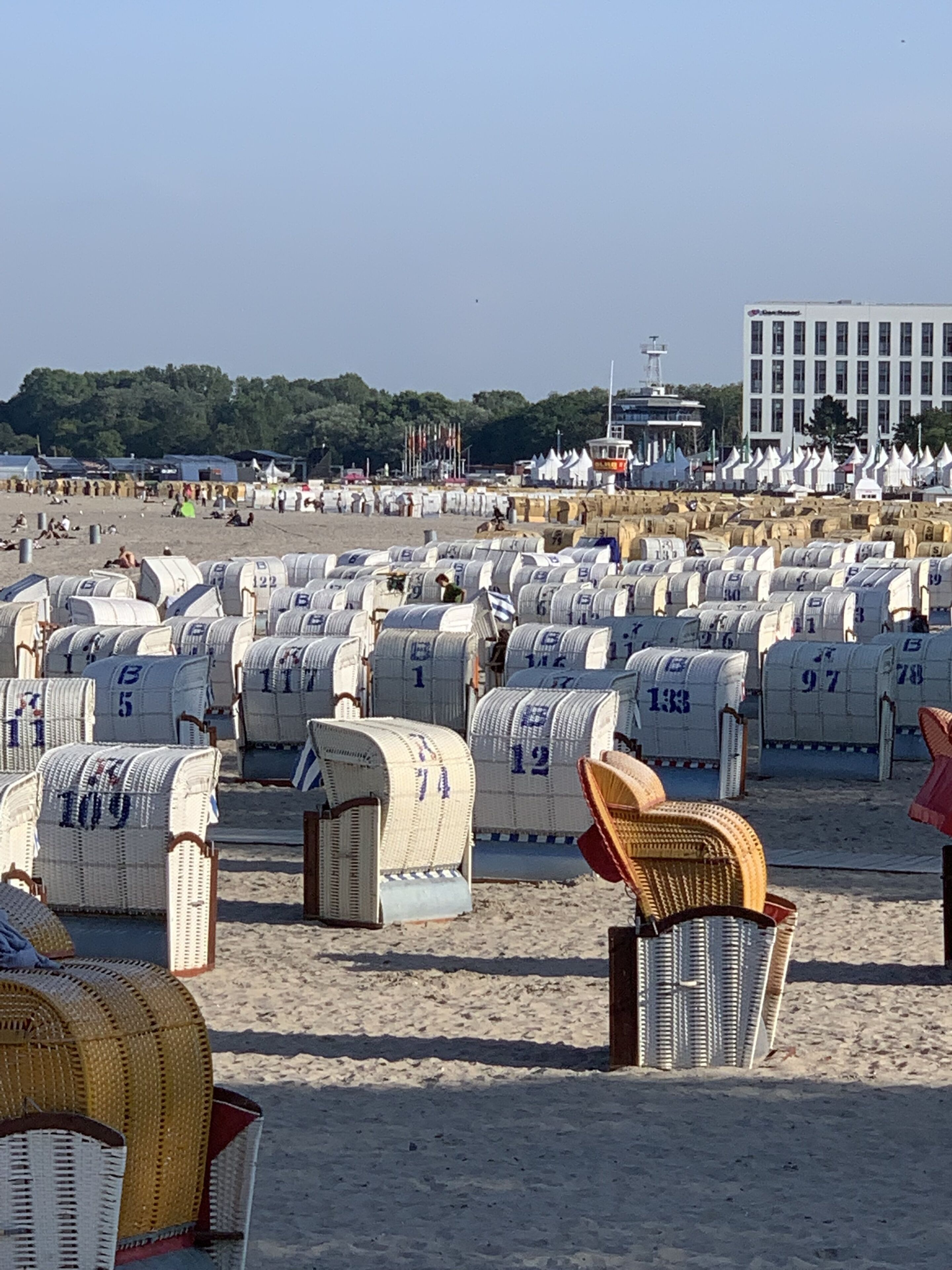 Rows of numbered beach cabanas on a sandy beach with a building in the background.