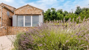 Ein Steinhaus mit großem Fenster und einem Garten mit Lavendelpflanzen.
