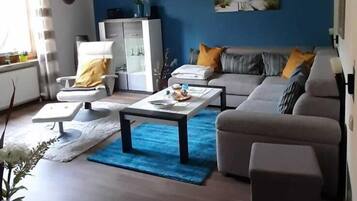 Een televisie, een dvd-speler, boeken en een stereo