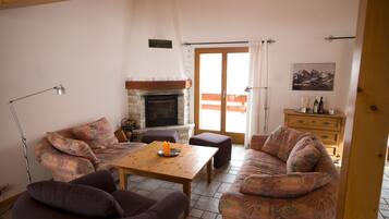 Télévision, cheminée, livres, chaßne hi-fi