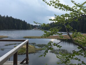 Une vue sur le lac, avec une terrasse en bois et une maison en arrière-plan.