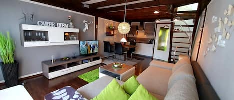 Smart TV, DVD player, books, stereo