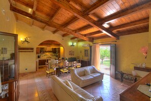 A spacious living area with a wooden ceiling, a dining table with chairs, a sofa, and a kitchen in the background.