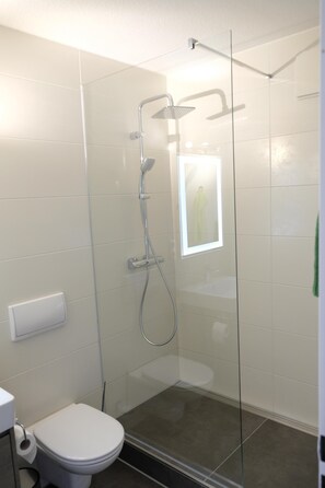 Shower, hair dryer, towels, toilet paper