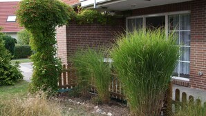 A residential building with a brick facade, a wooden fence, and a garden area with various plants and a pathway.