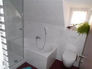 Baignoire, sĂšche-cheveux, serviettes fournies, savon