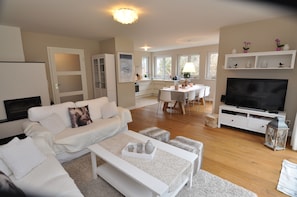 Smart TV, fireplace, DVD player, books