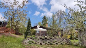 A rustic cabin with a stone wall in front, surrounded by trees and a wooden fence.