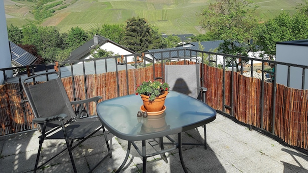Un patio con una mesa y sillas de vidrio, una planta en maceta y vistas a colinas verdes.