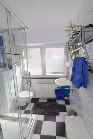 Chuveiro, secador de cabelo, toalhas de banho, sabonete