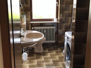 Bathroom features a stainless steel sink, toilet, and washing machine, with a checkered tile floor and a window above the toilet.