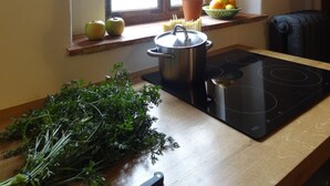 A kitchen with a wooden countertop, a black induction cooktop, a pot on the cooktop, a knife, a bunch of herbs, a potted plant, and a bowl of fruit on the windowsill.
