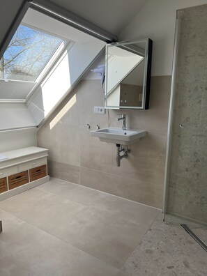 Shower, hair dryer, towels, toilet paper